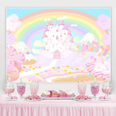 Toile de fond d'anniversaire au pays des merveilles du château arc-en-ciel et rose